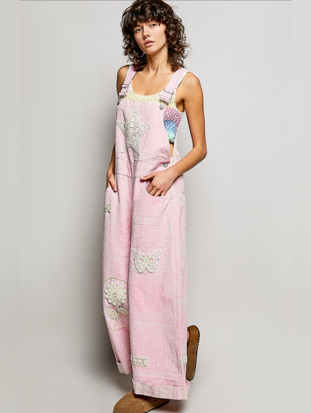 💕 POL Pink Stardust Patchwork Overalls Large New!! - Picture 3 of 6